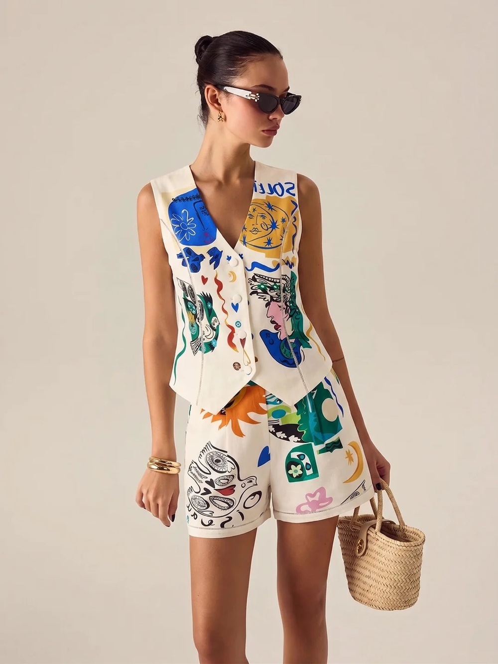 COMMENSE Abstract Art Print Vest & Shorts Set - size Small